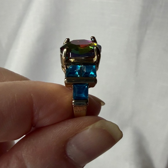Gold Plated Rainbow/Blue Crystal Ring Sz 8 - Picture 4 of 4